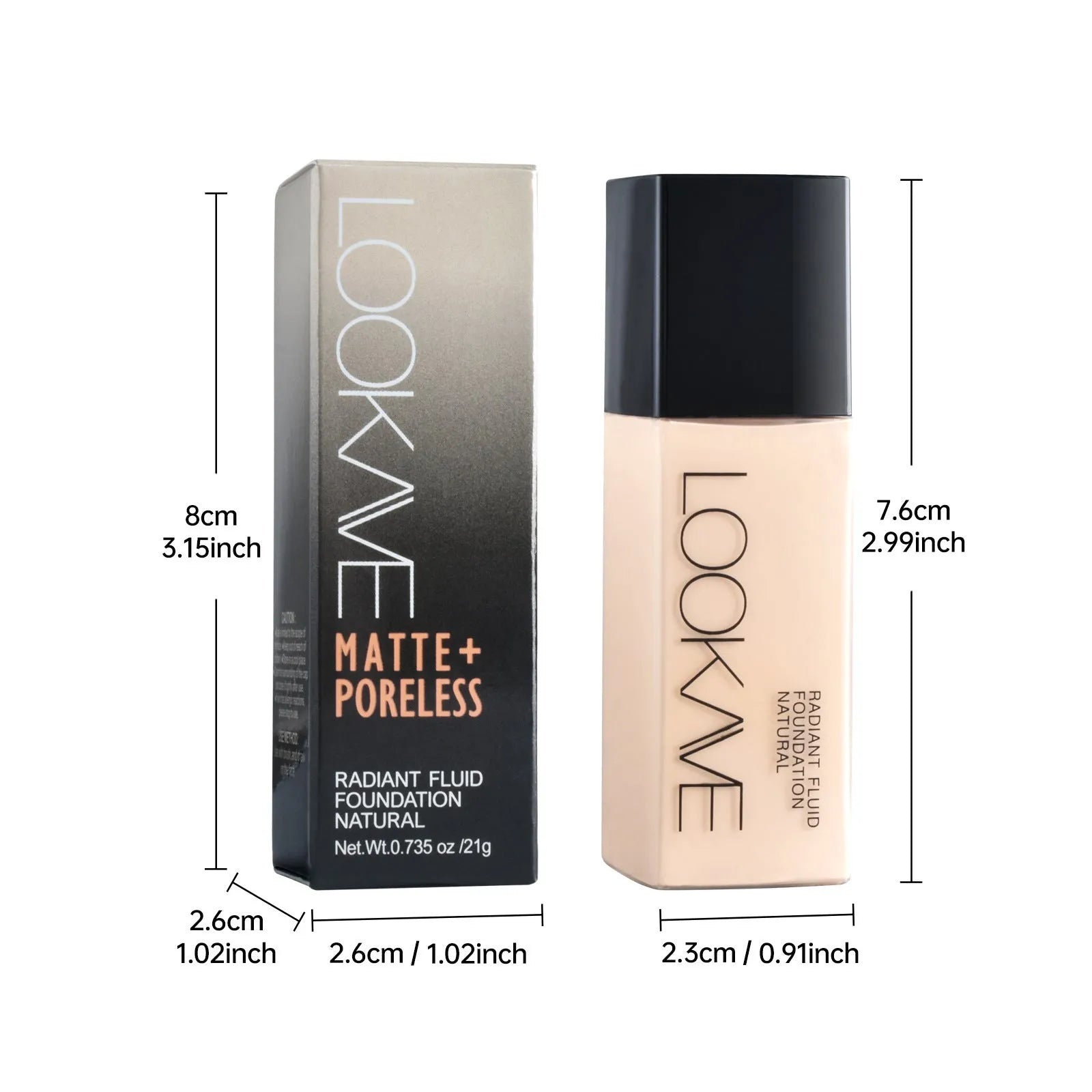LOOKAVE matte liquid foundation bottle showing ivory white colour with six shade options LK63C-01 to LK63C-06