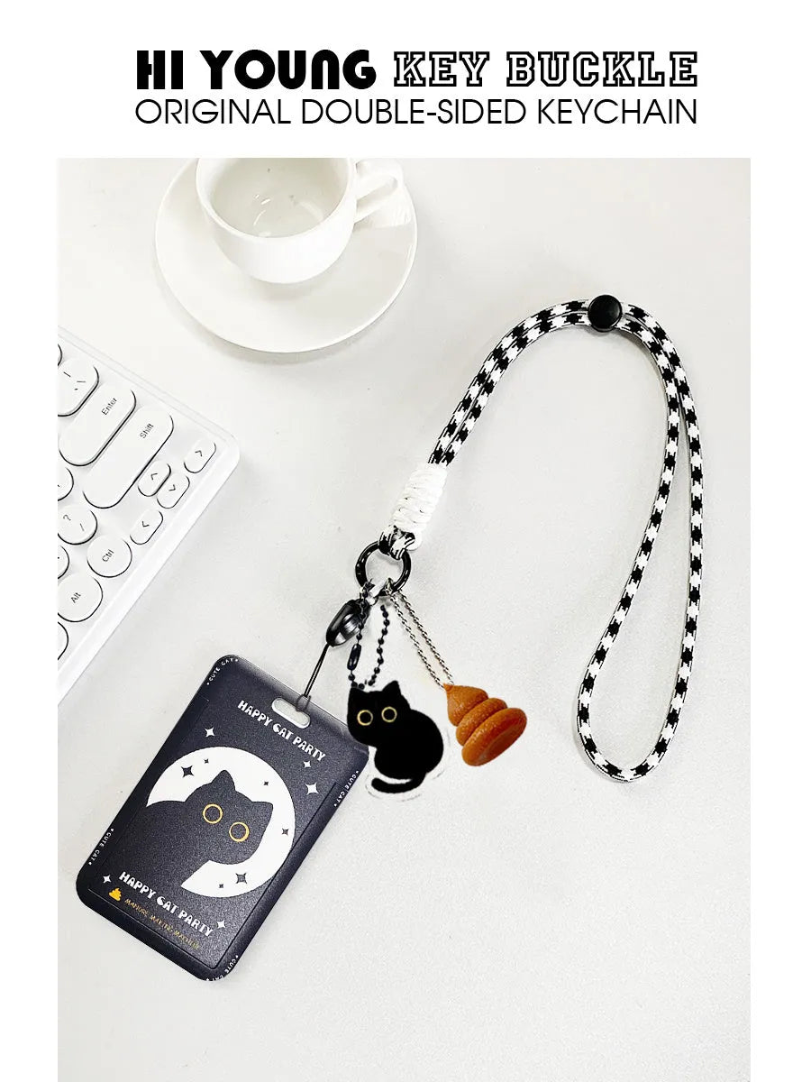 Cute little black cat cartoon design on a portable plastic card holder with ferrule pendant.