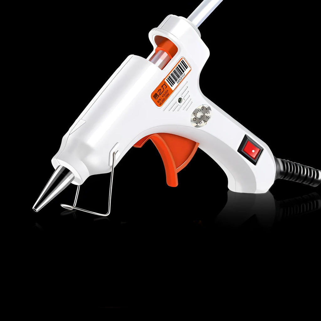 White electric hot glue gun with metal stand and safety switch.