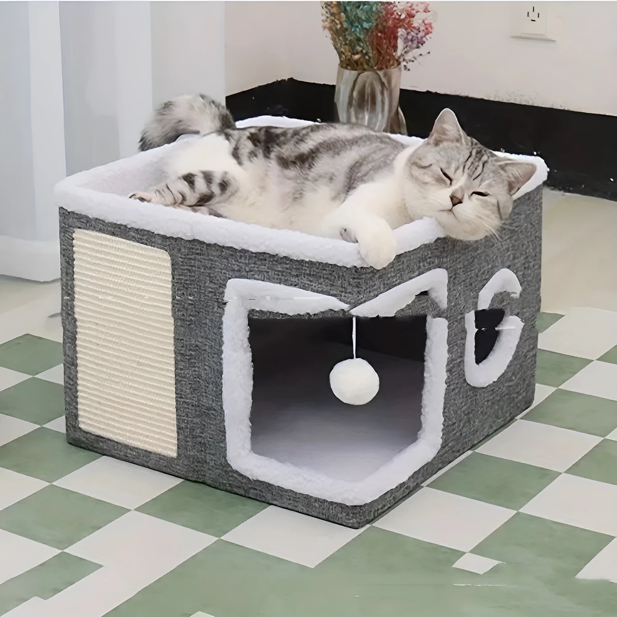 Double-layer dark gray cloth cat nest villa 39x39x32cm foldable pet bed