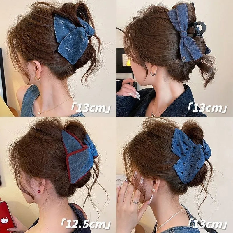 Women's triangle hair grip with denim fabric bow decoration on plastic hairpin