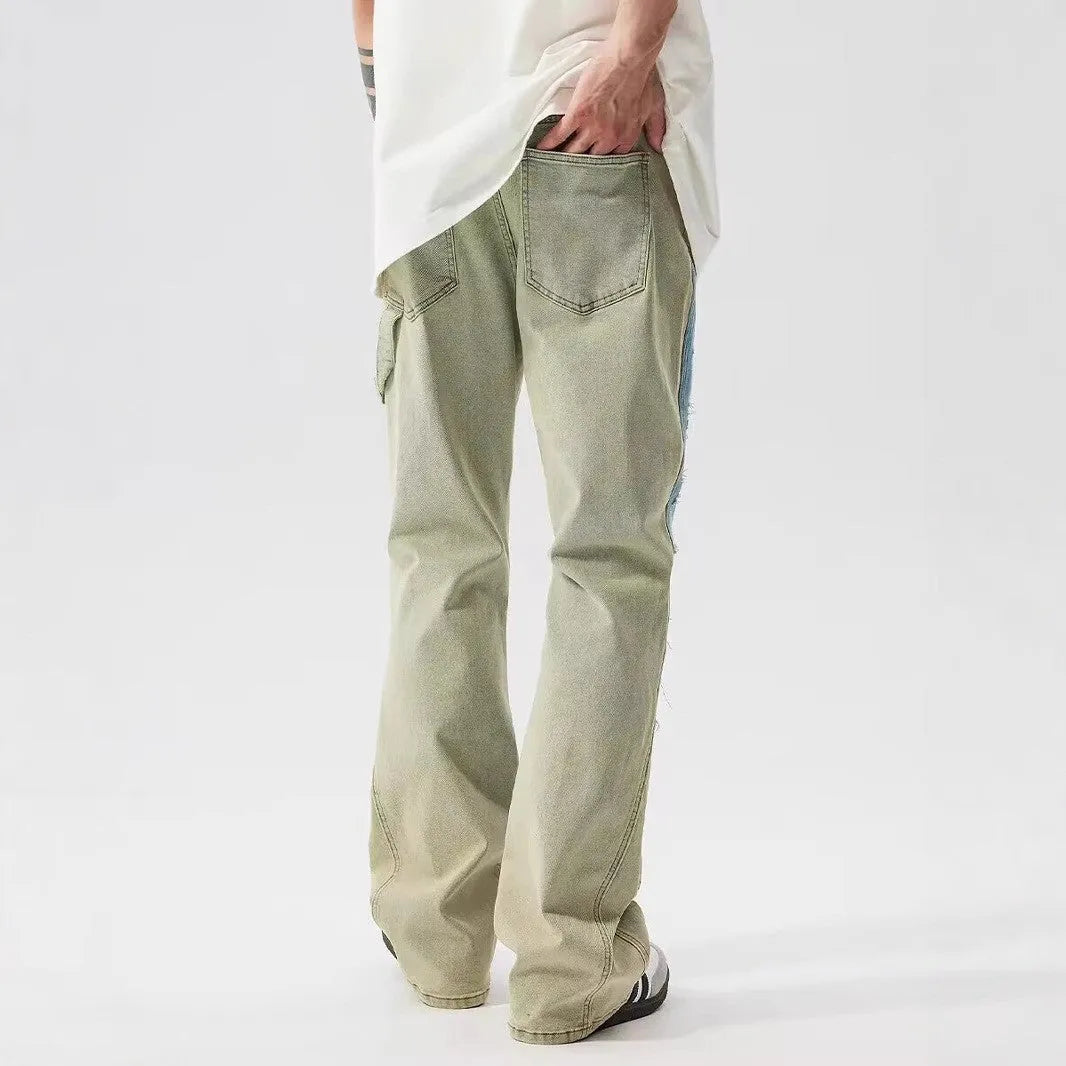 Yellow and blue retro patchwork jeans with splash-ink damaged design, mid waist with zip fly
