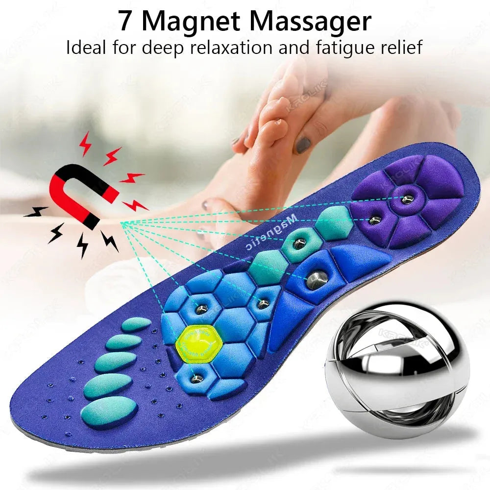 Black magnetic EVA insoles with gel massage nodes on a neutral background