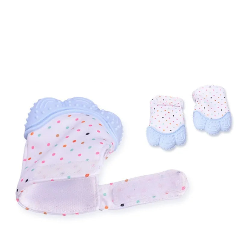 Silicone baby teether glove with Velcro strap in blue colour