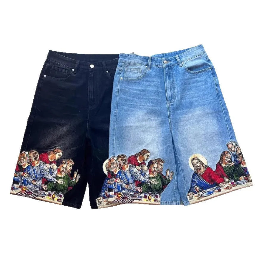 Men's blue cotton tapered shorts with a Jesus print on the back pocket
