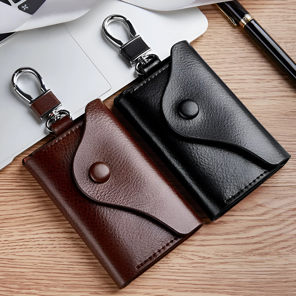 Korean-style square vertical genuine leather keycard holder showing internal key mapping structure