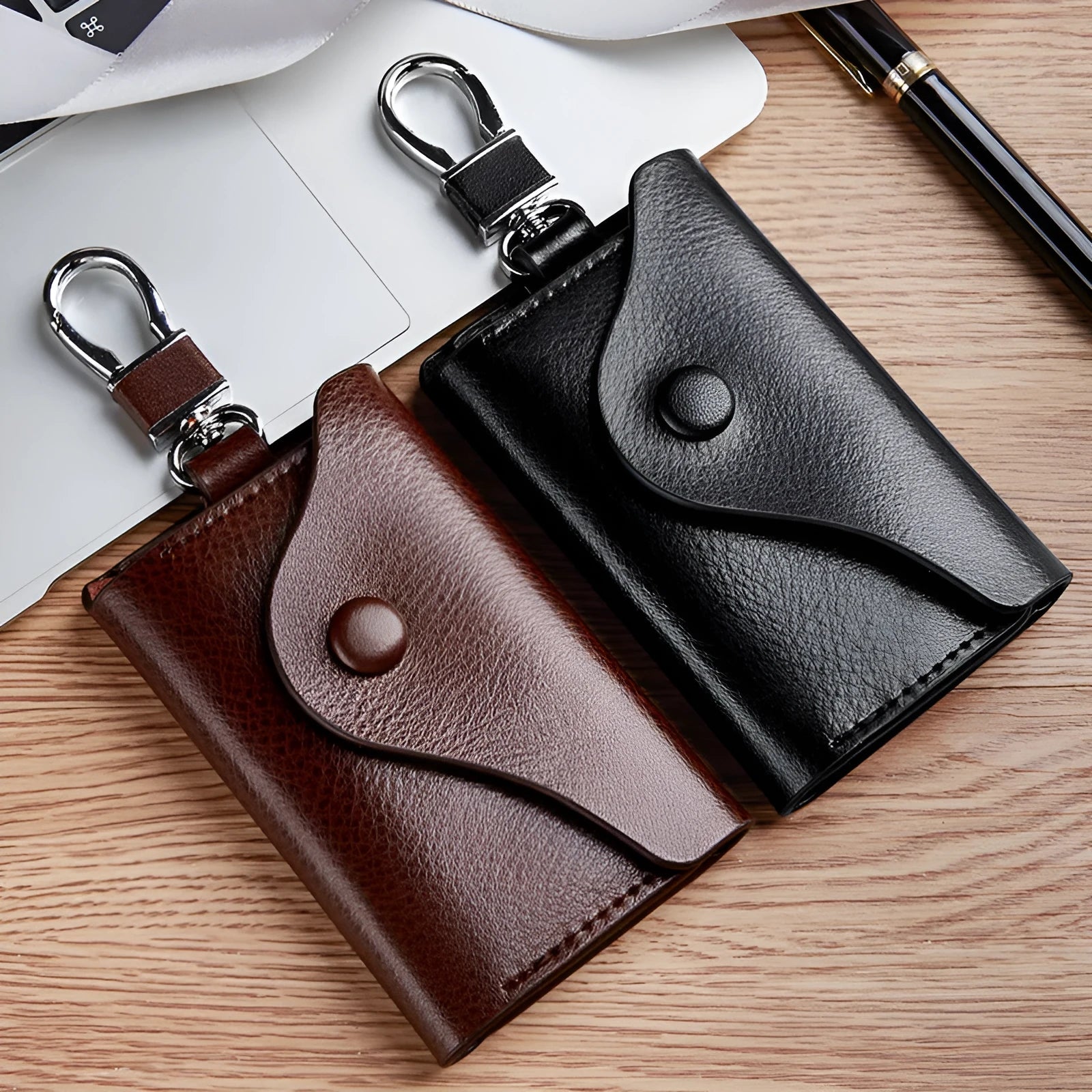Korean-style square vertical genuine leather keycard holder showing internal key mapping structure