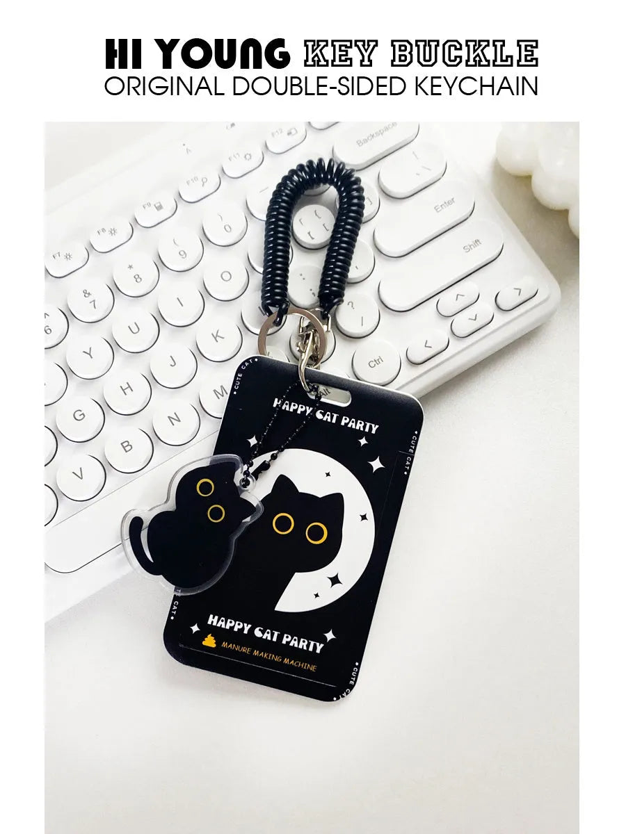 Cute little black cat cartoon design on a portable plastic card holder with ferrule pendant.
