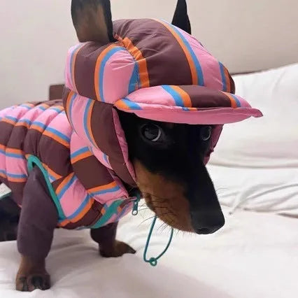 Dirty pink striped knitted vest and matching hat for a small dog on a grey background.