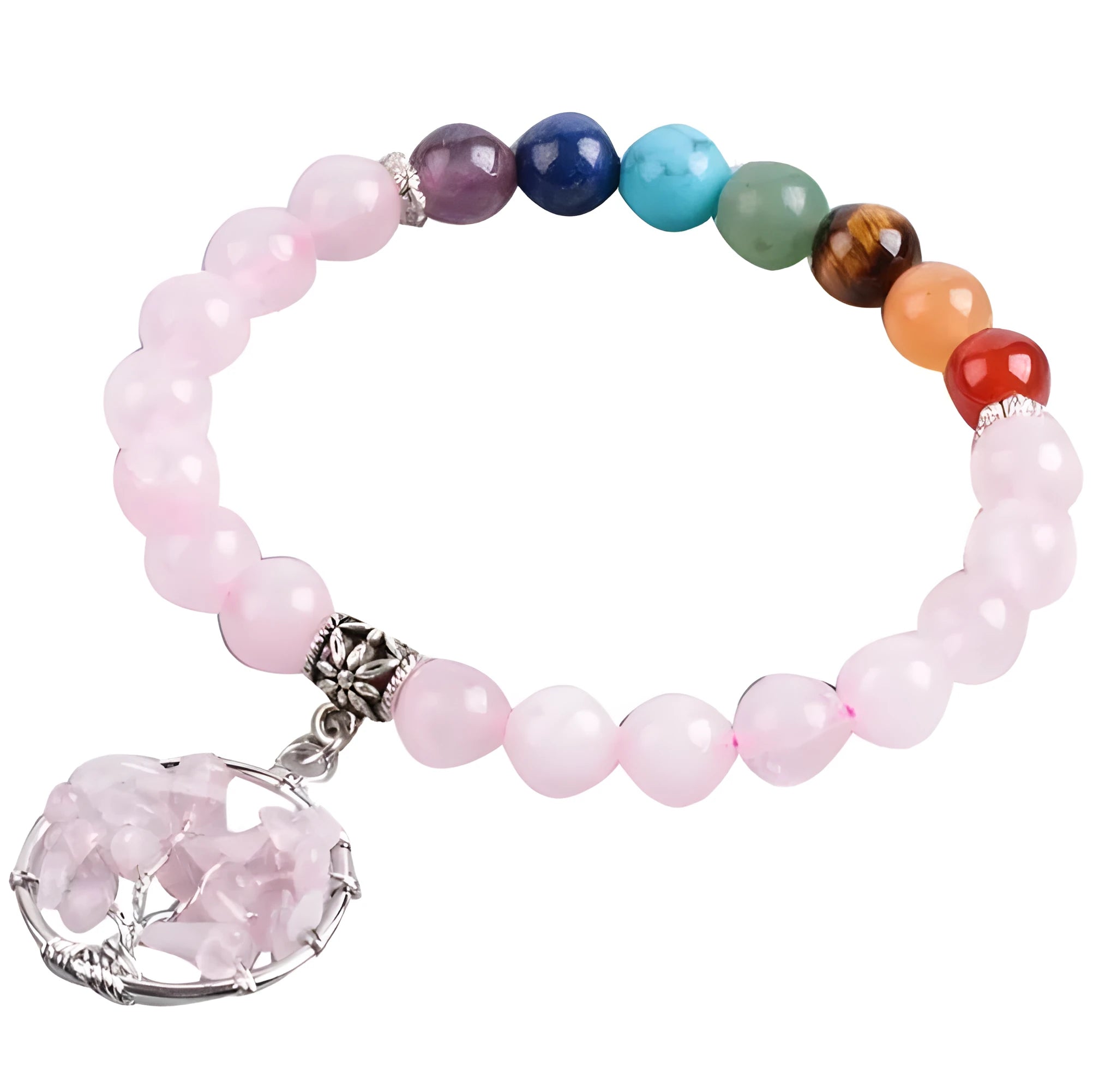 Natural powder crystal beaded bracelet with copper fittings, eight-millimetre beads, seven chakras colour, inner circumference 18.8 cm