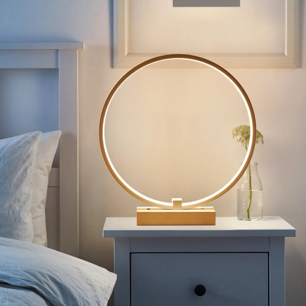 White circular LED bedside lamp, 25cm diameter, iron base and acrylic frame, for bedroom or living room