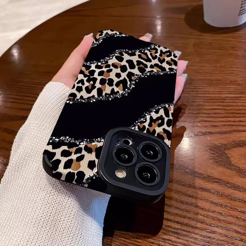 Black stitching leopard print imitation leather drop-resistant phone case for Apple iPhone models