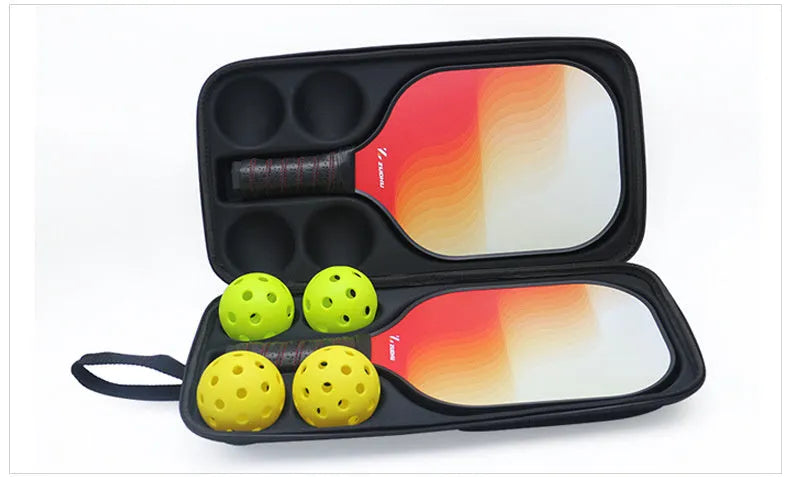 Black EVA pickleball storage bag with shoulder straps for one paddle and four balls.