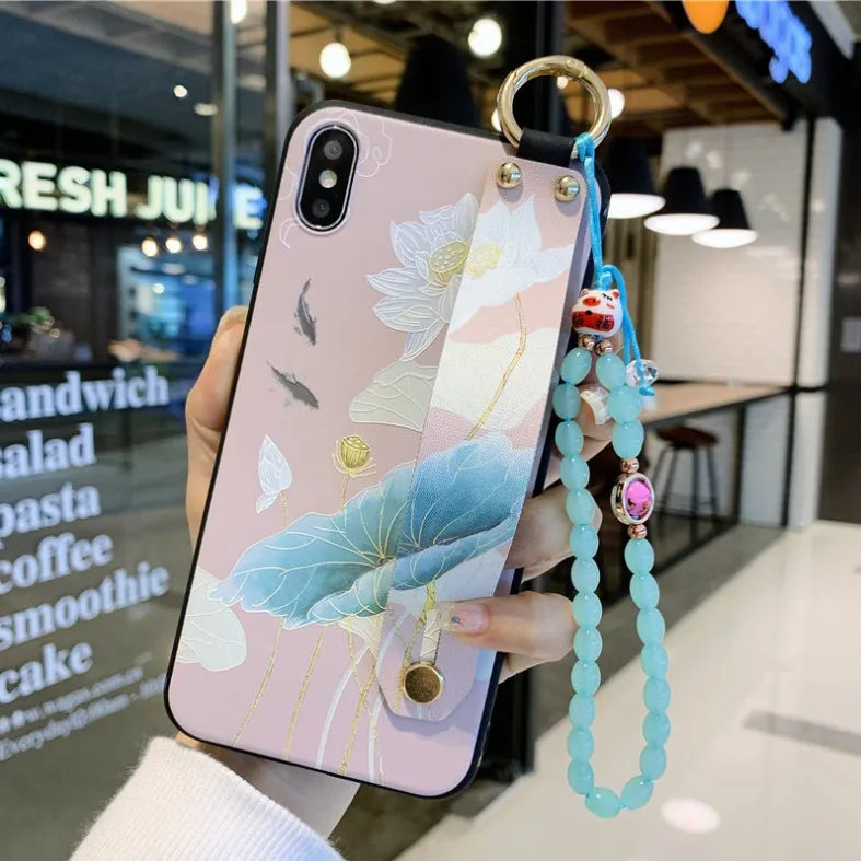Rose flower design wrist strap phone case compatible with iPhone models in multiple style options
