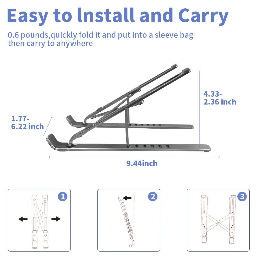Silver aluminium alloy portable laptop stand with six-gear adjustment folded on a desk