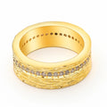 Gold geometric women's zircon ring on a white background, showing size options L, M, N.