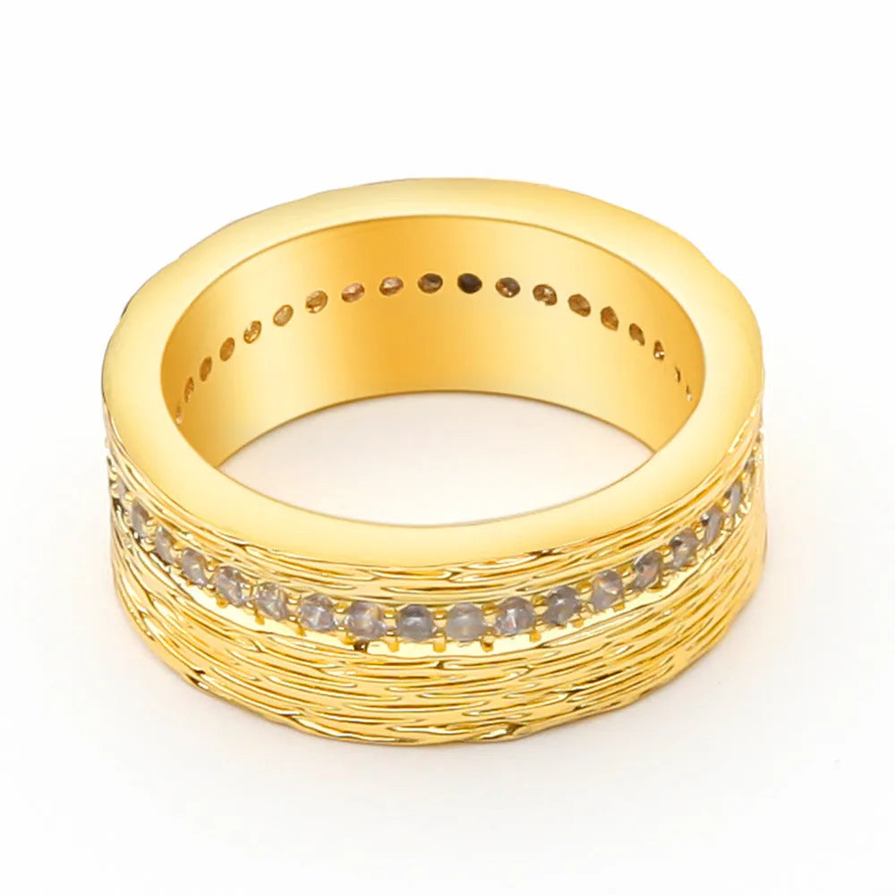 Gold geometric women's zircon ring on a white background, showing size options L, M, N.