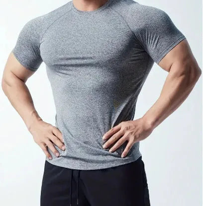 Men's black quick-drying stretch polyester short sleeve T-shirt on a hanger.