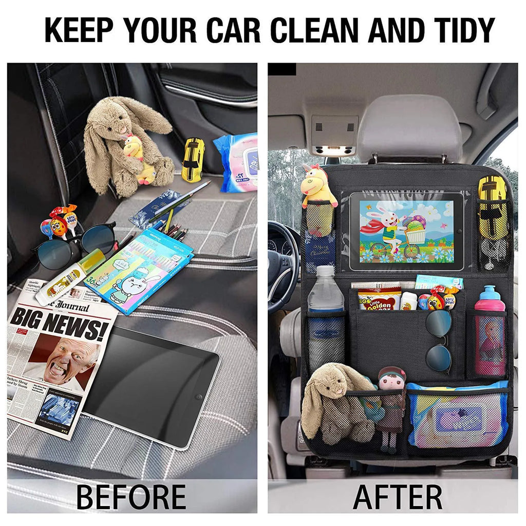 Car seat back storage pouch with 9 storage bags and transparent iPad pocket in black mounted on a car seat