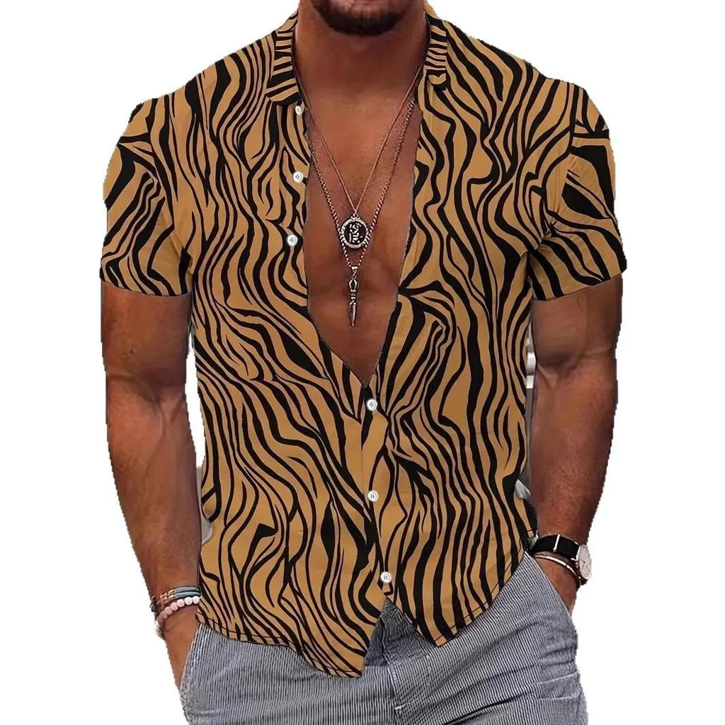 Men's geometric pattern short sleeve shirt with lapel collar in slim fit design