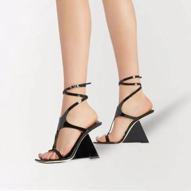 Women's black square head high heel sandals with a 9.5cm heel and button fastening