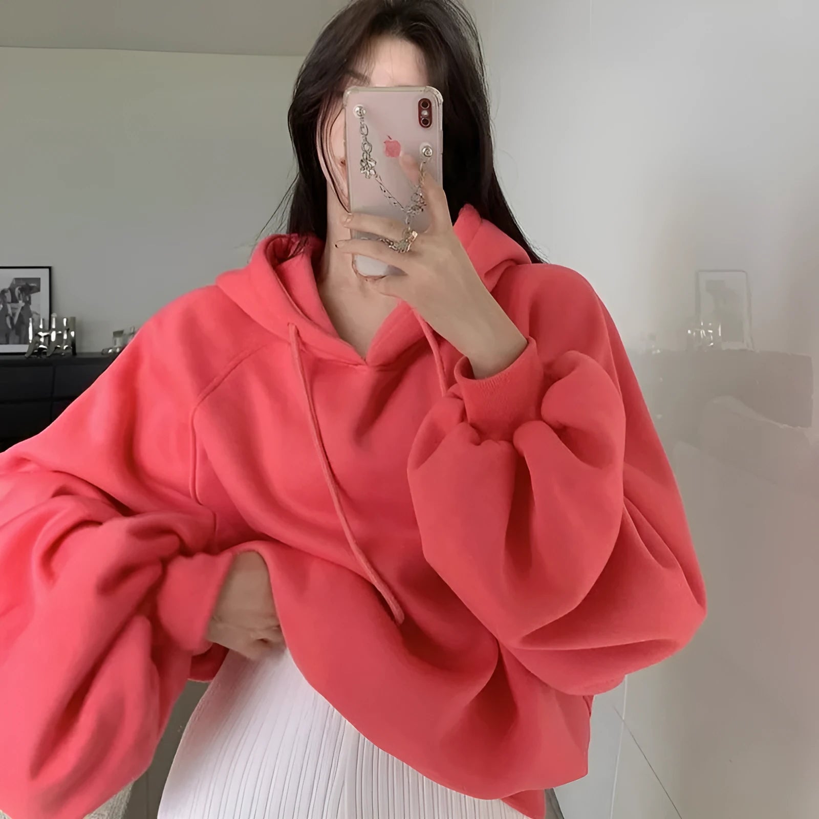 Women's loose hooded mulberry silk sweater in watermelon red colour with sleeveless design