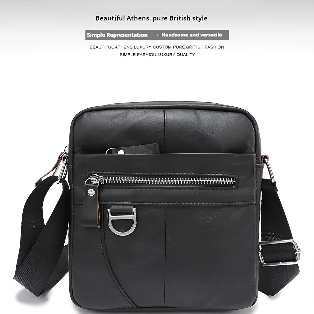 Black leather messenger bag for boys with 8-inch size and visible stitching