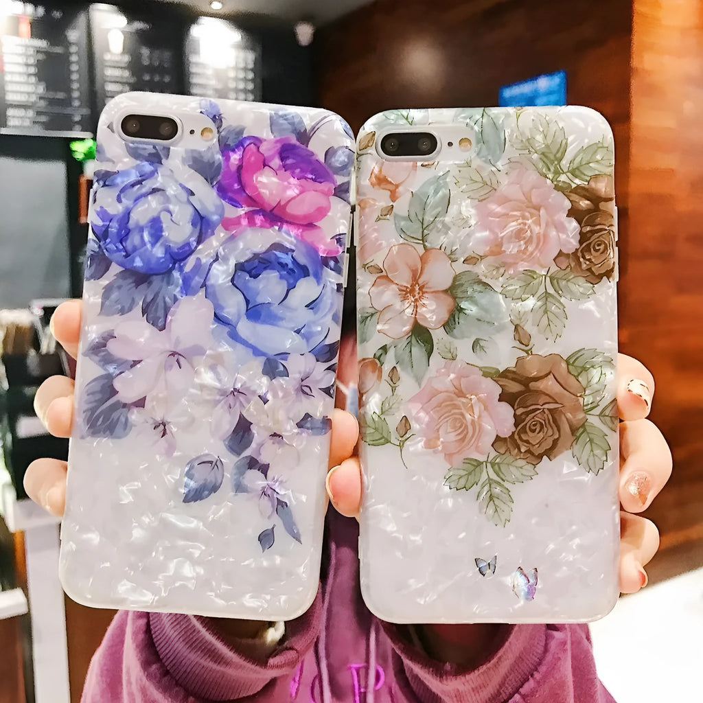 Dream Shell soft TPU silicone iPhone case with rose flower design in brown, purple or white