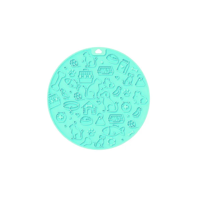 Round silicone pet licking mat with sucker base in blue color for dogs and cats