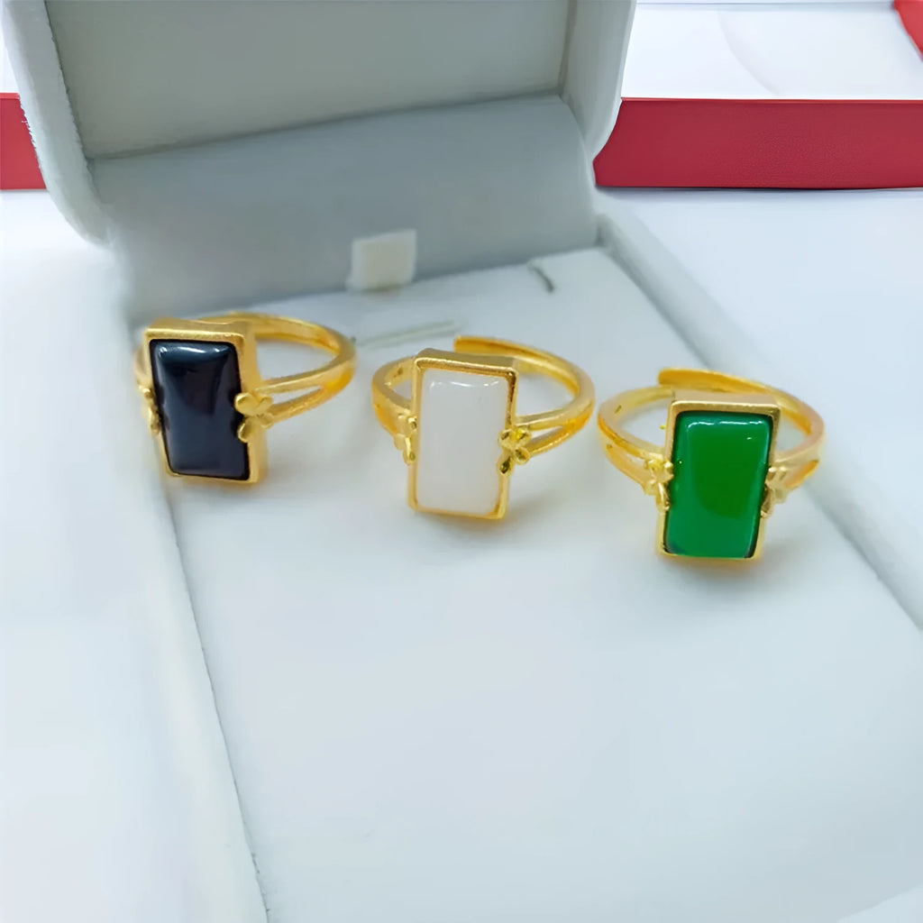 Adjustable brass gold-plated live ring with inlaid gemstone in national style design