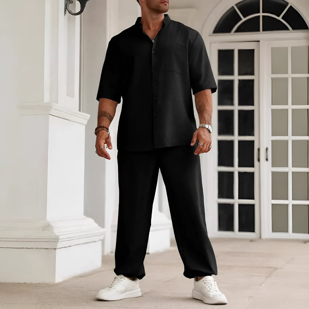 Men's cotton linen casual trousers set with short-sleeved shirt in black, grey or apricot colours