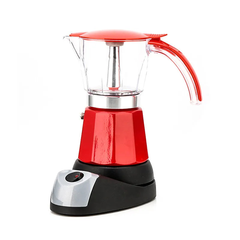 Octagonal aluminium electric moka pot coffee maker in silver colour on kitchen counter