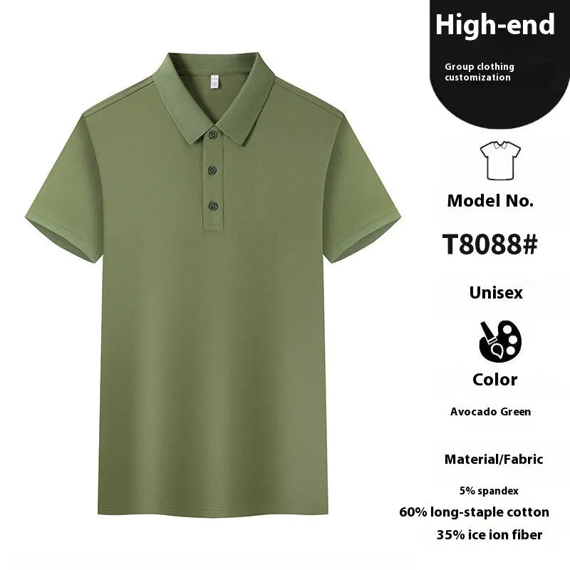 Cotton blend lapel collar polo T-shirt on a hanger, shown in Aerospace Blue colour.