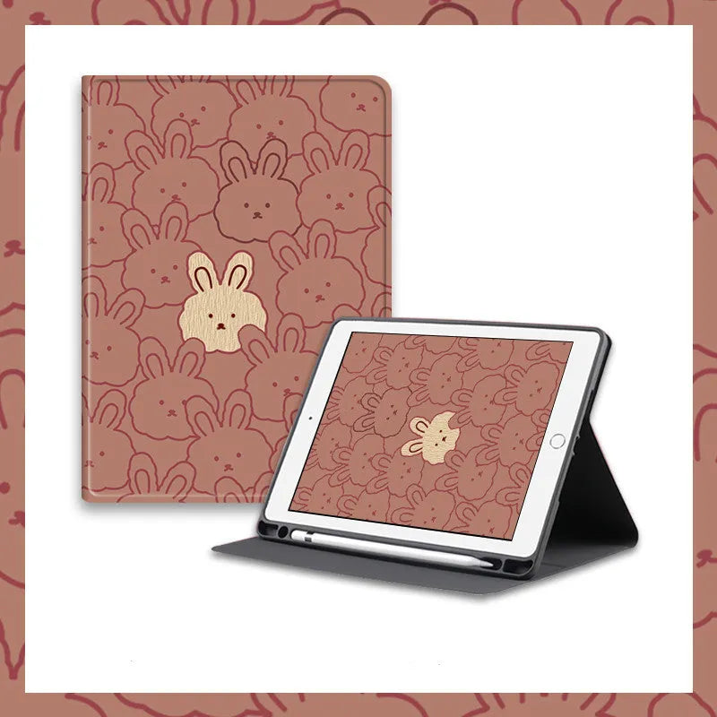 Cartoon rabbit silicone iPad case in book full screen style, compatible with multiple iPad models