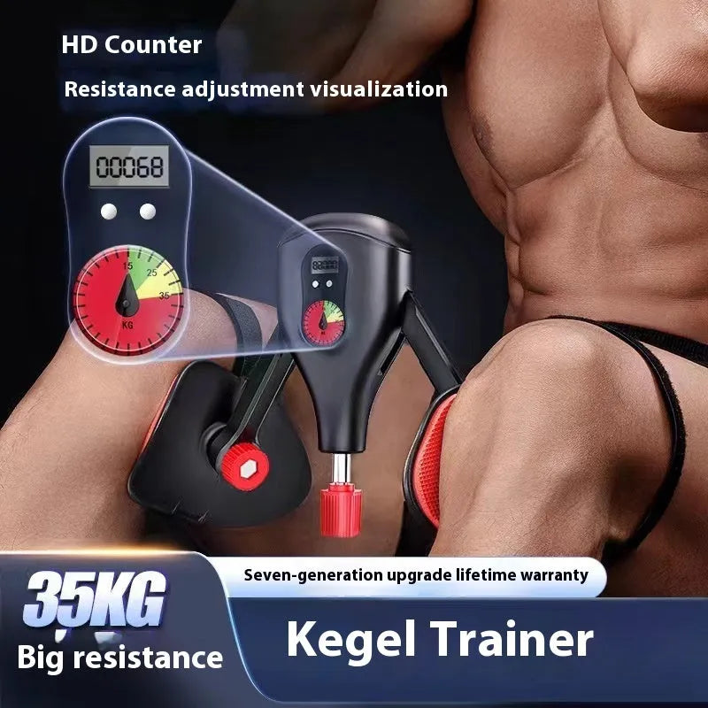 Men's Kegel trainer for pelvic floor exercise in black or grey with optional strap and handle attachments