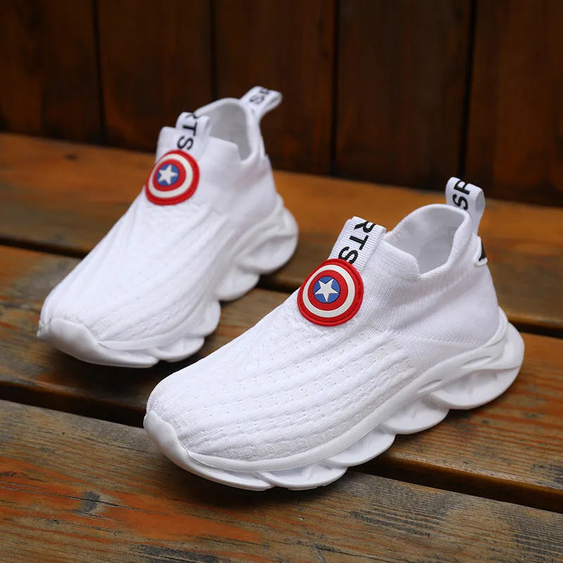 Knitted sleeve-style overshoes in white with MD sole for runway environments