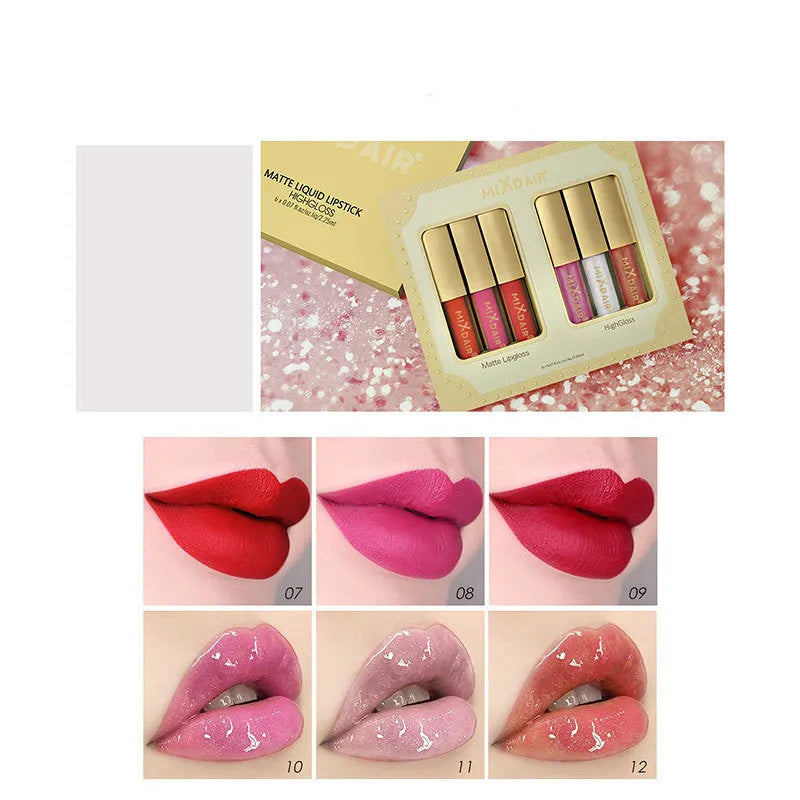 Matte high gloss lip gloss set with mica in colour options A and B, unisex lipstick and gloss