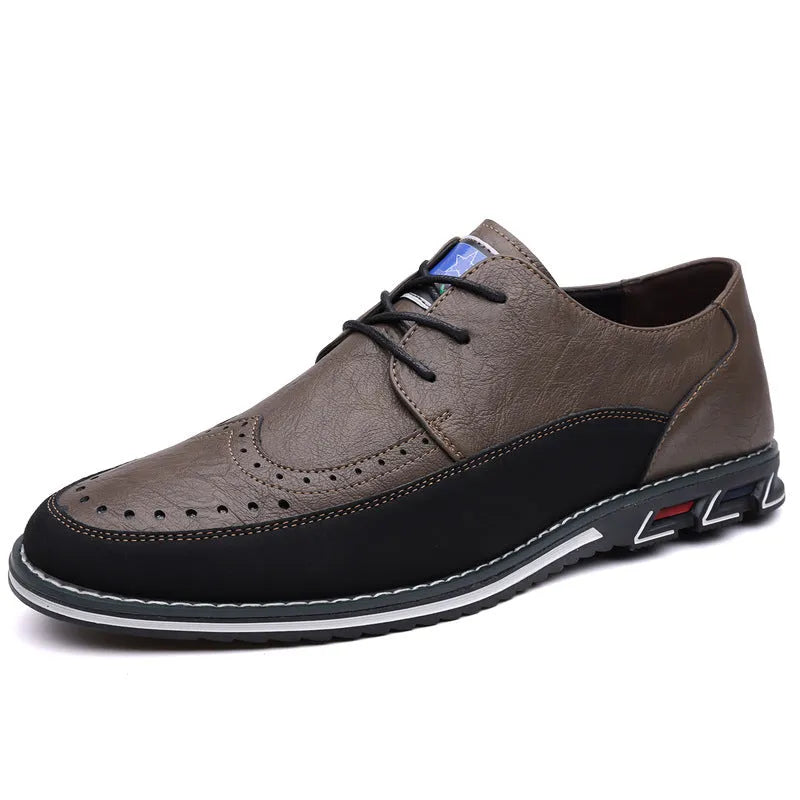 Men's black leather toe cap casual slip-on shoes with a rubber sole on a white background.