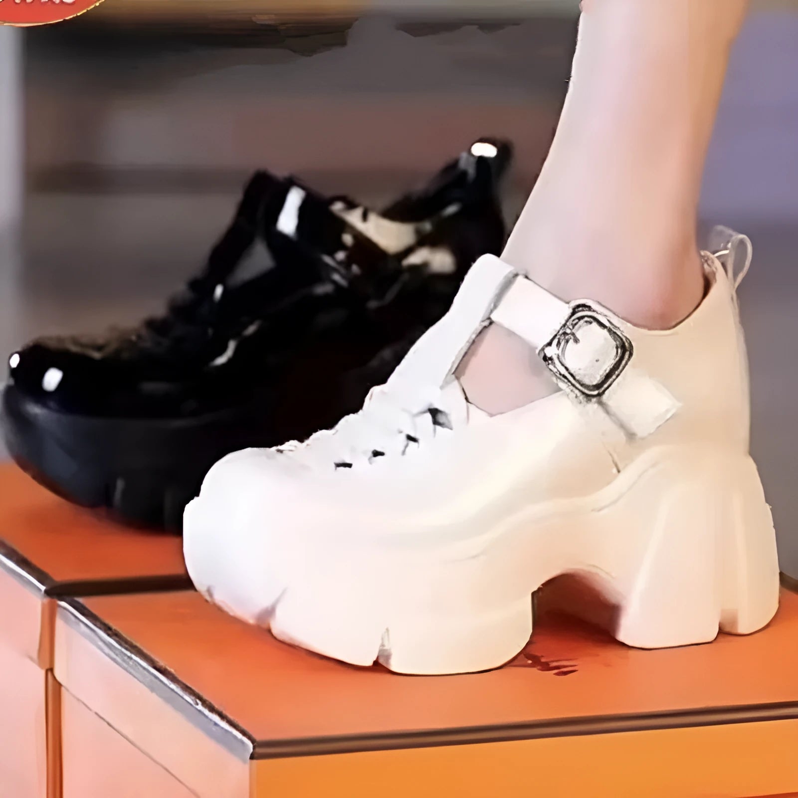 Roman style pumps with chunky wedge heel in satin and leather, available in black and creamy white