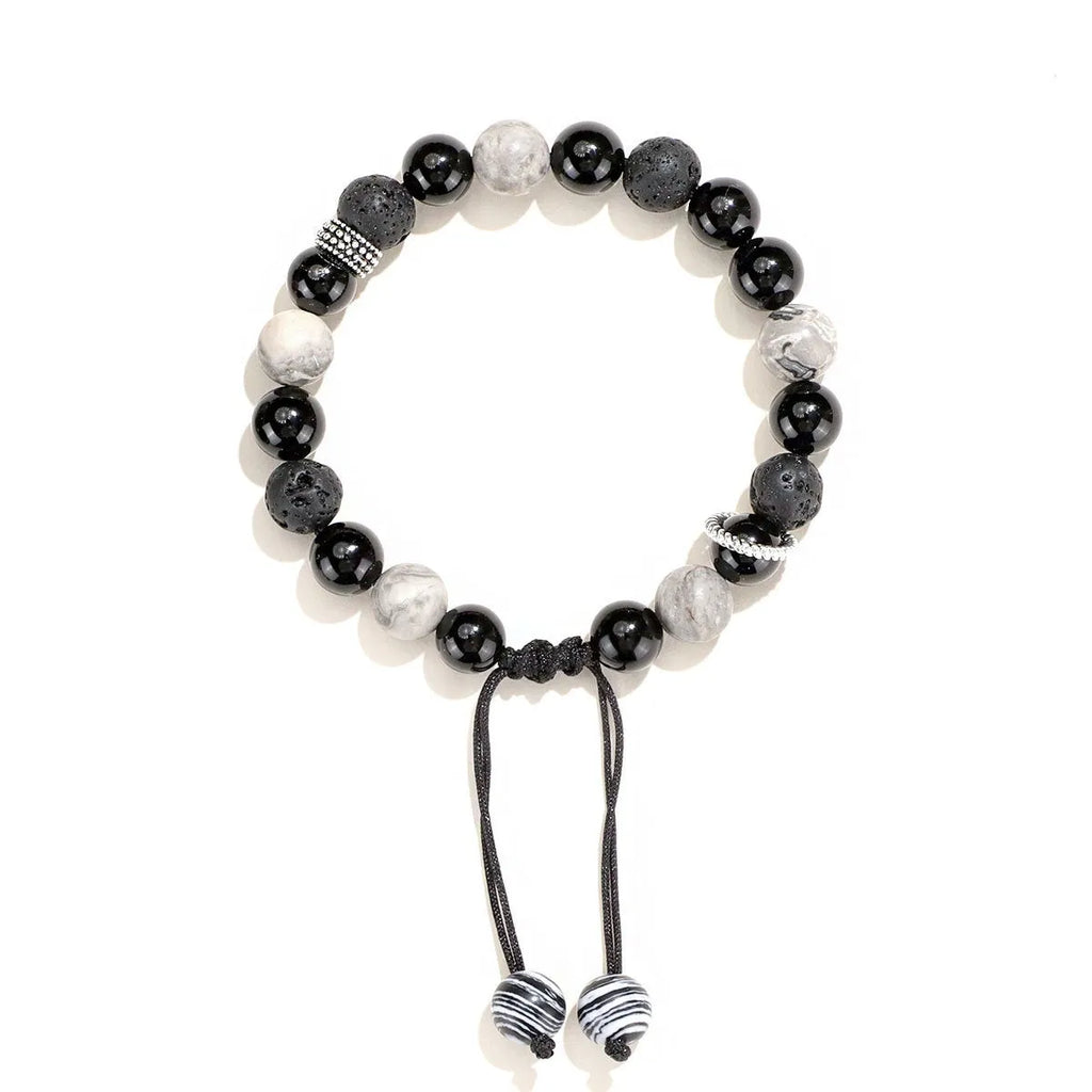 Black agate map stone volcanic bracelet with diamond-shaped beads in 8mm and 10mm sizes