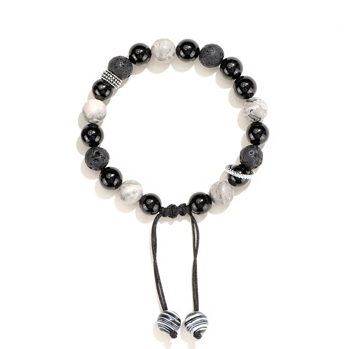 Black agate map stone volcanic bracelet with diamond-shaped beads in 8mm and 10mm sizes