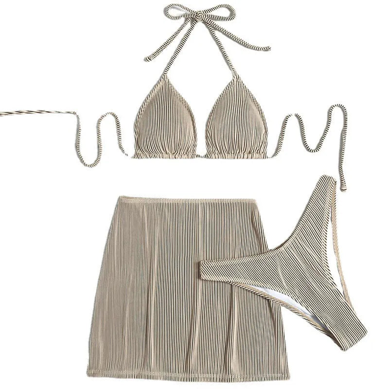 Bikini swimsuit set in small rib fabric, shown in khaki colour, styled as sleeveless briefs.