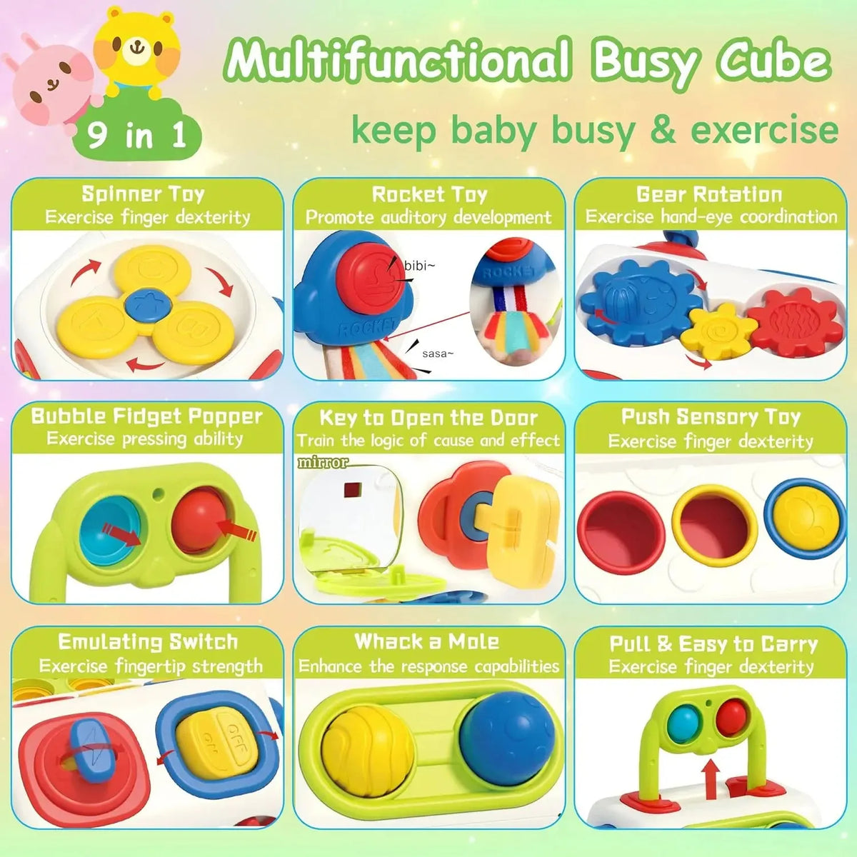 9-in-1 busy cube baby toddler toy, plastic Montessori sensory fidget busy board, 12.5 x 10 x 11cm