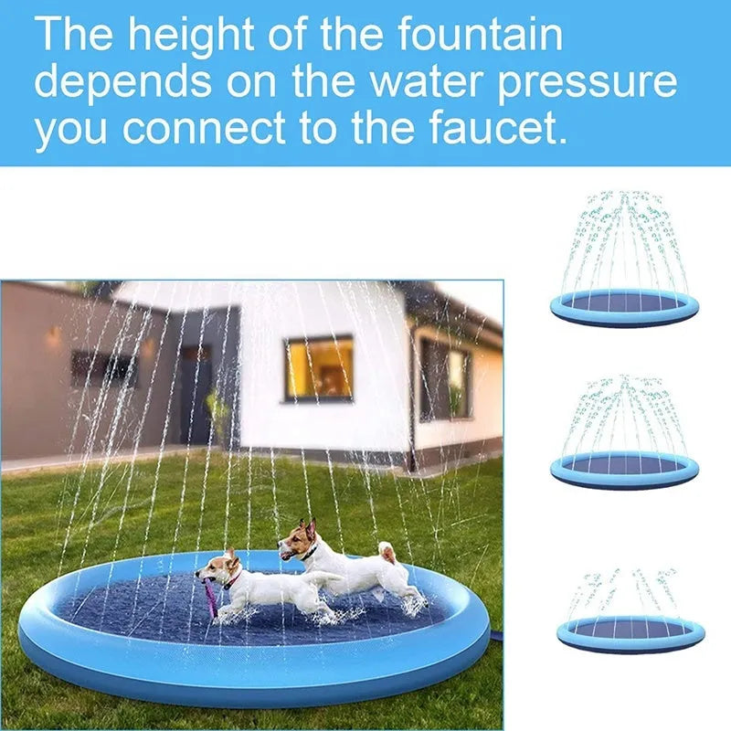 Large inflatable anti-slip dog sprinkler mat splash pad with water jets spraying, shown in a garden.