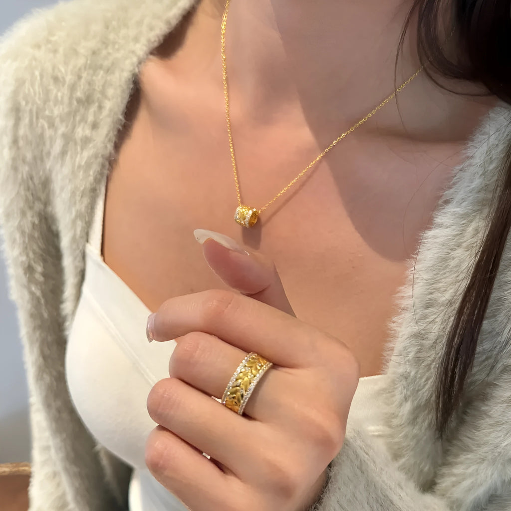 Gold retro French necklace and ring set with brushed craft finish and 925 silver pendant