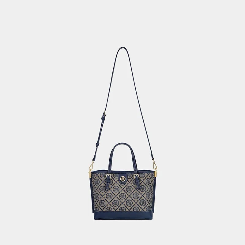 Blue PU tote bag with jacquard star diamond pattern, 29x15.5x19cm, horizontal square shape, small portable size