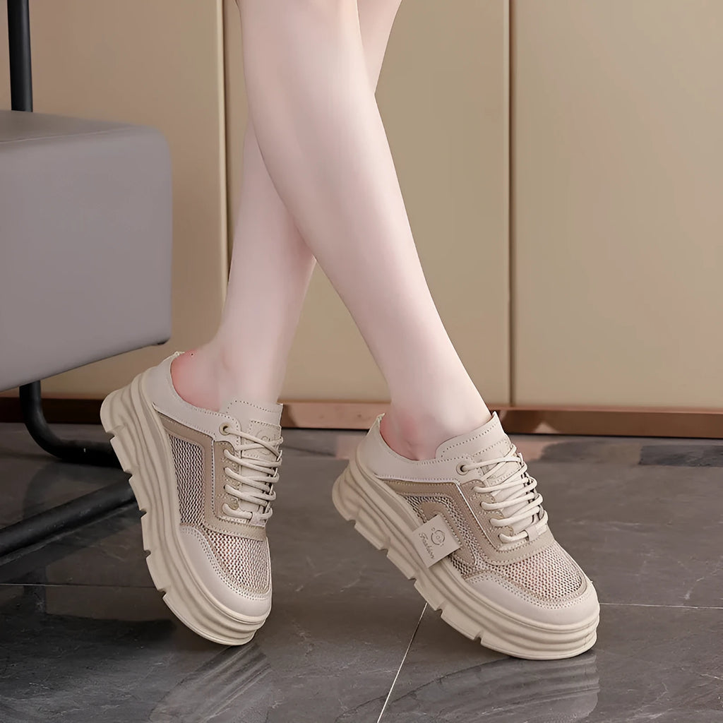 Women's mesh half slippers with height increasing insole in black, khaki, and white colour options