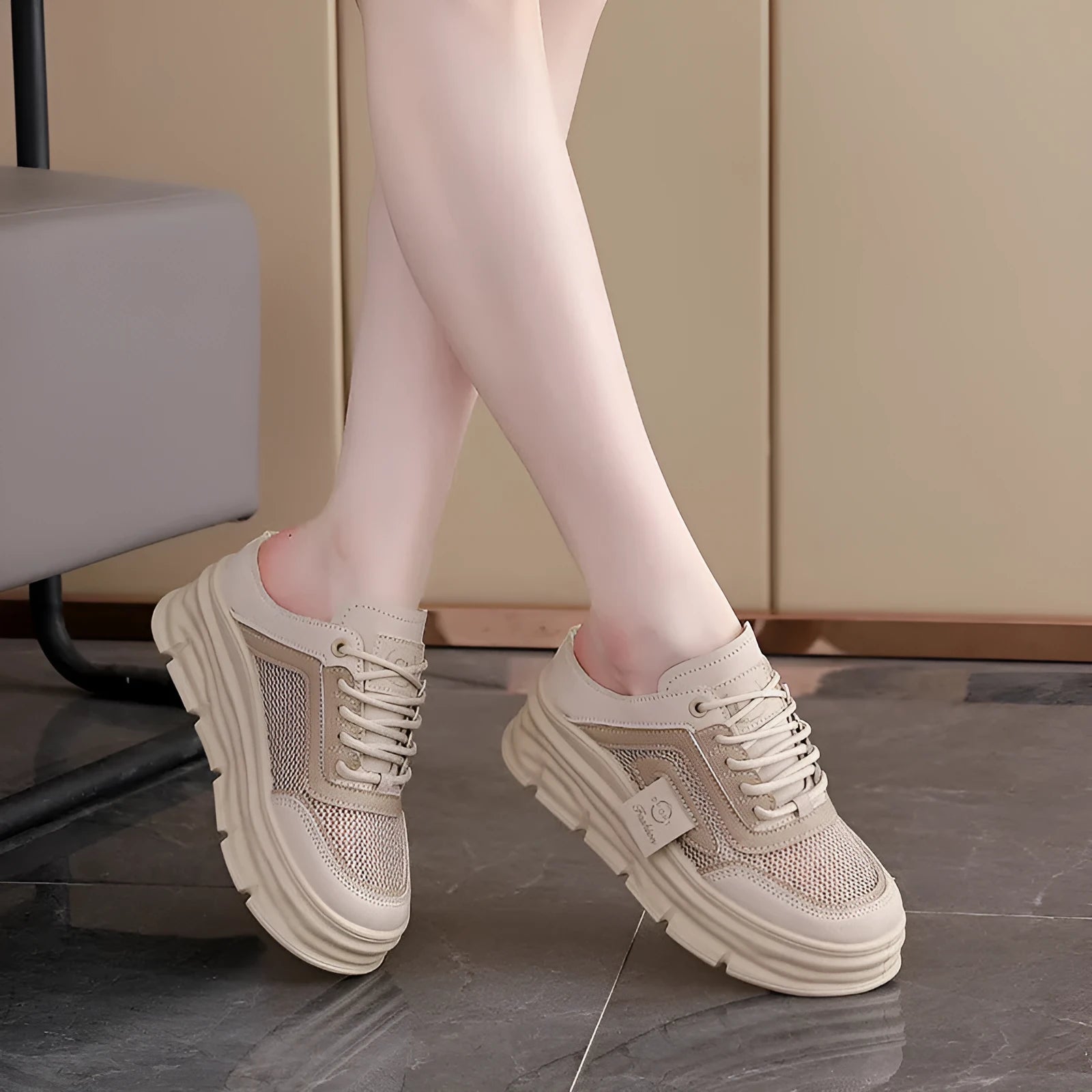 Women's mesh half slippers with height increasing insole in black, khaki, and white colour options