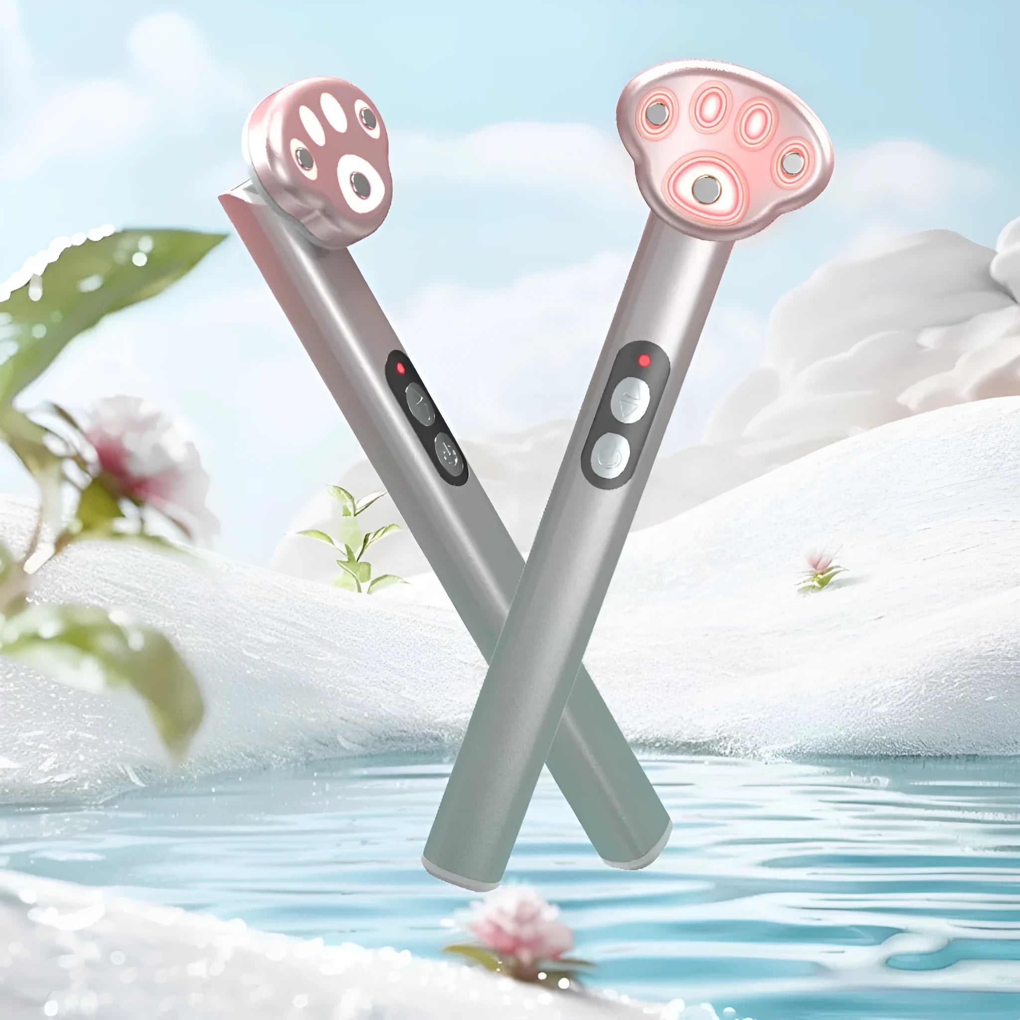 Gradient pink inductive micro-current eye massager with vibration settings and colour light.