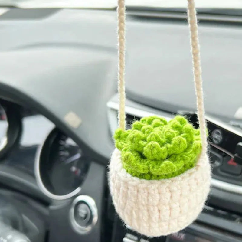 Knitted wool car plant decoration with green and white pattern, 8cm basin and hanging cord